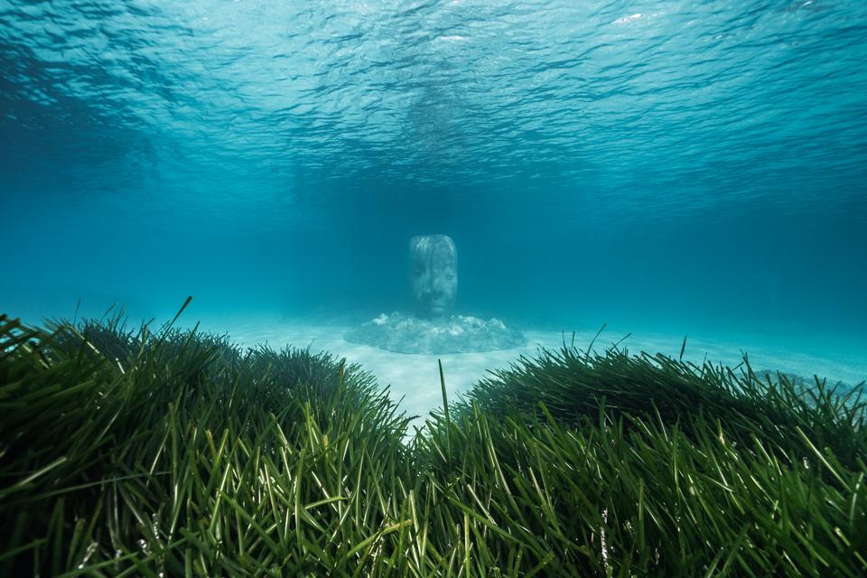 Jason deCaires Taylor's underwater statue near Cannes surrounded by seagrass.