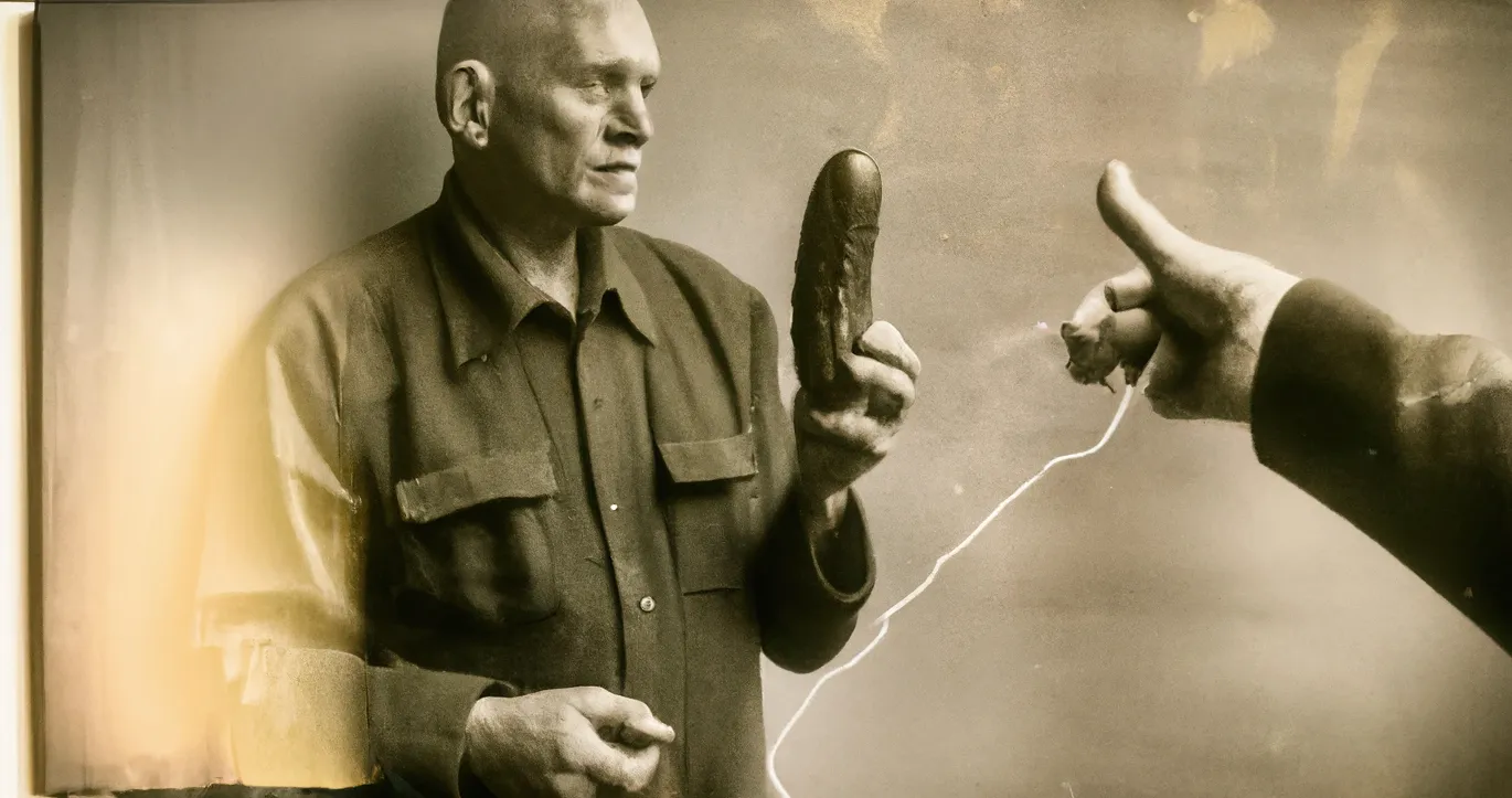 AI image created by Boris Eldagsen showing a bald man holding a cucumber.